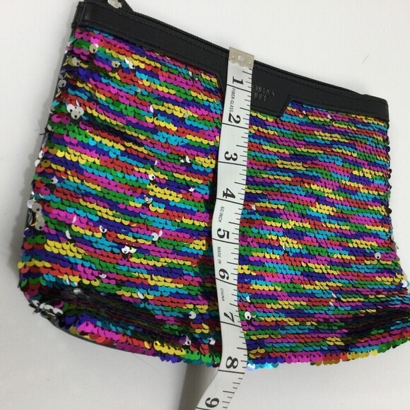Victoria's Secret Black Silver Rainbow Sequin Makeup Cosmetic Bag Pouch Wristlet - Picture 6 of 7